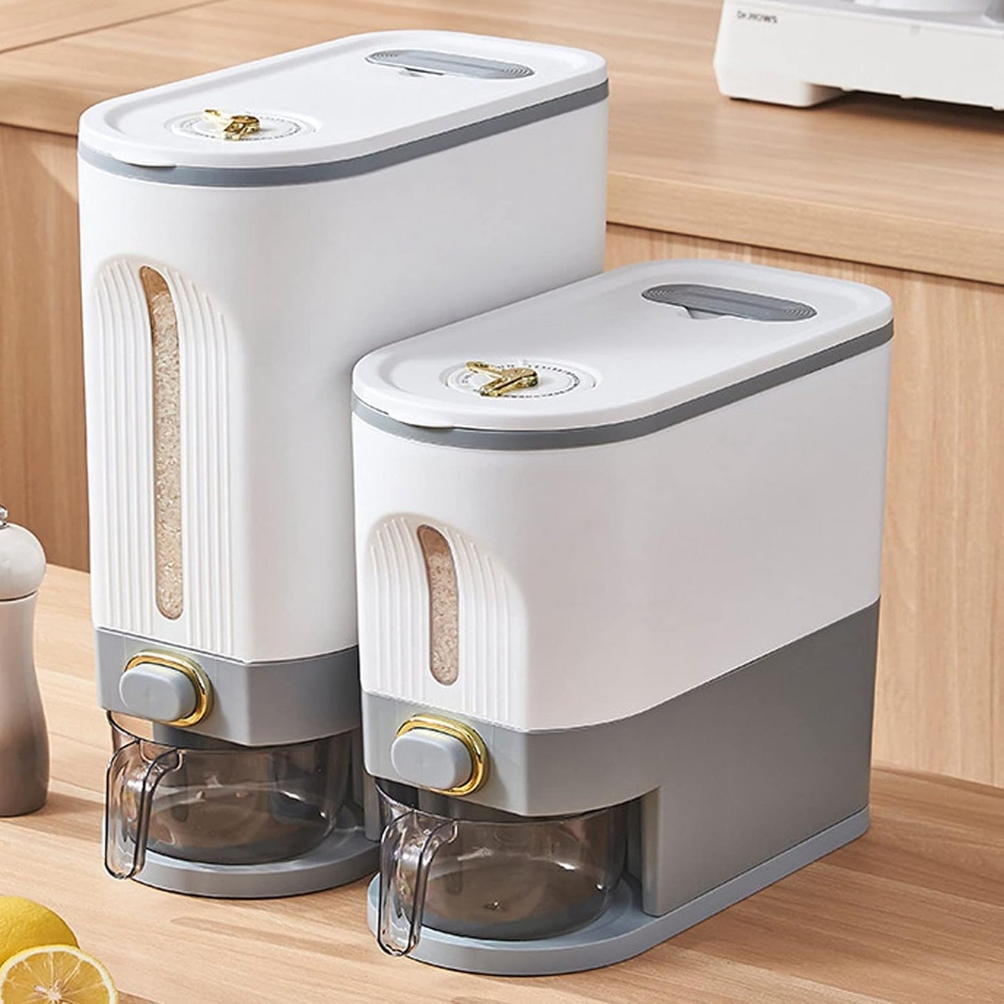 Gray L 10L Rice Dispenser & Grain Container with Lid - Household Cereal Bucket for Kitchen Organization, Ideal for Rice, Beans,