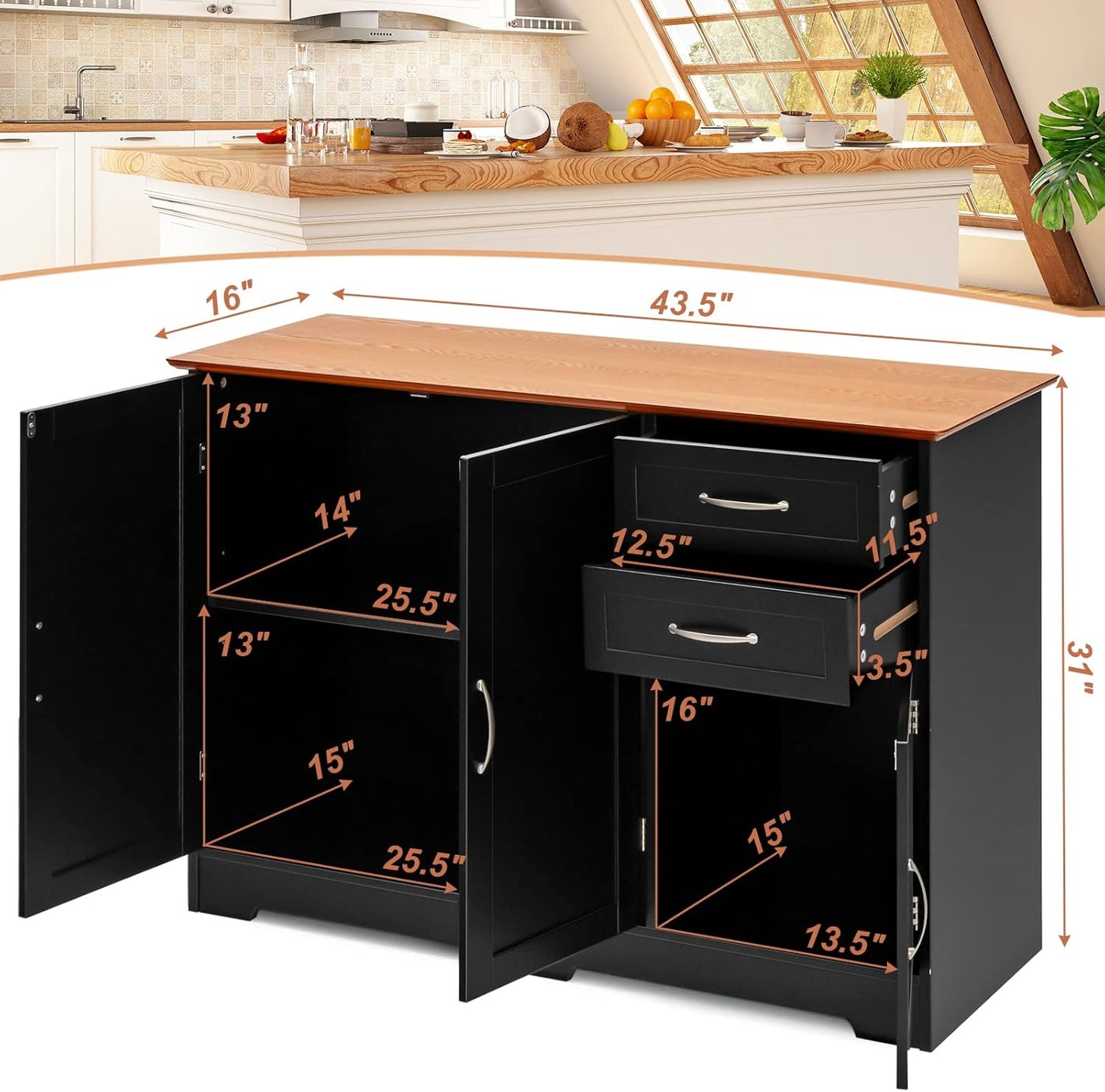 Buffet Cabinet With 3 Doors, 2 Drawers & Adjustable Shelf Console