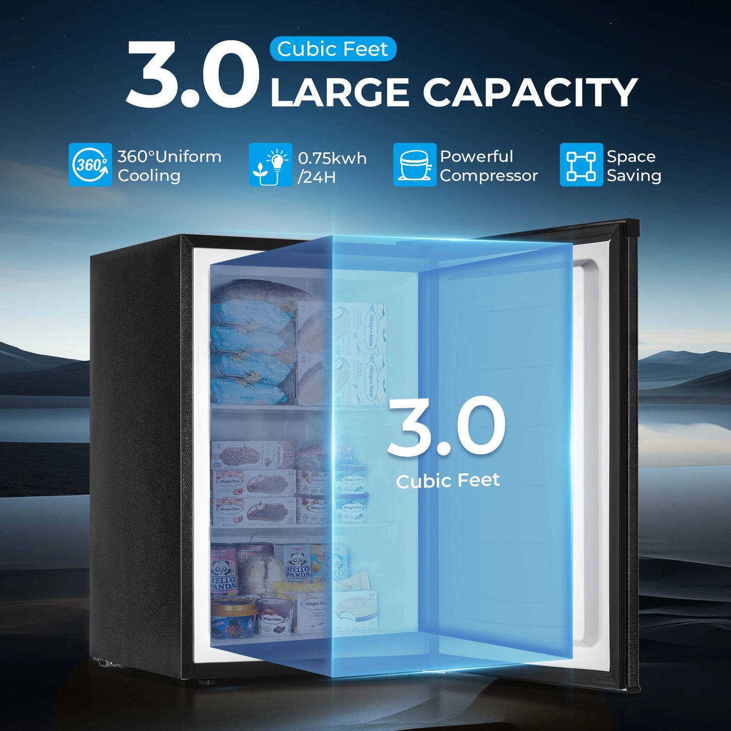3.0 Cubic Upright freezer with Reversible Door.