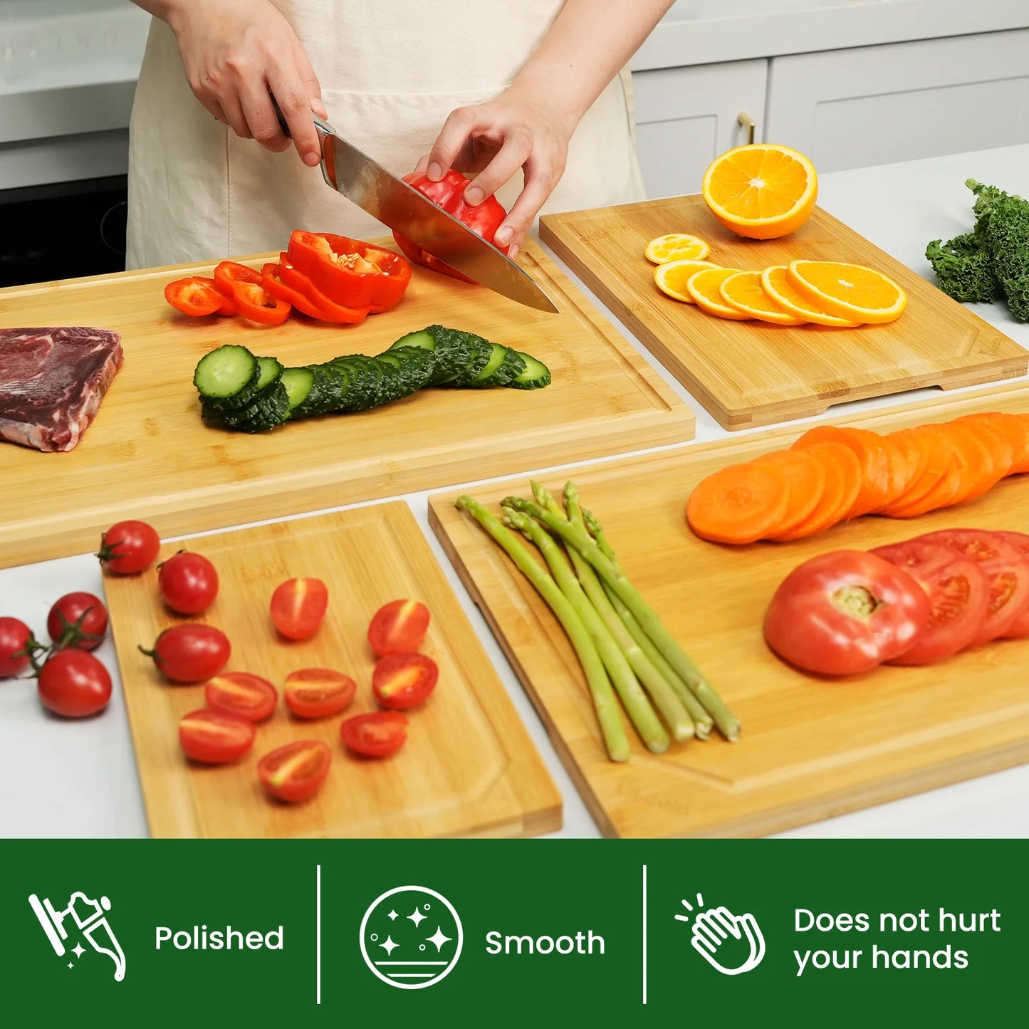 Heavy duty cutting board with juice groove, inner handle design.