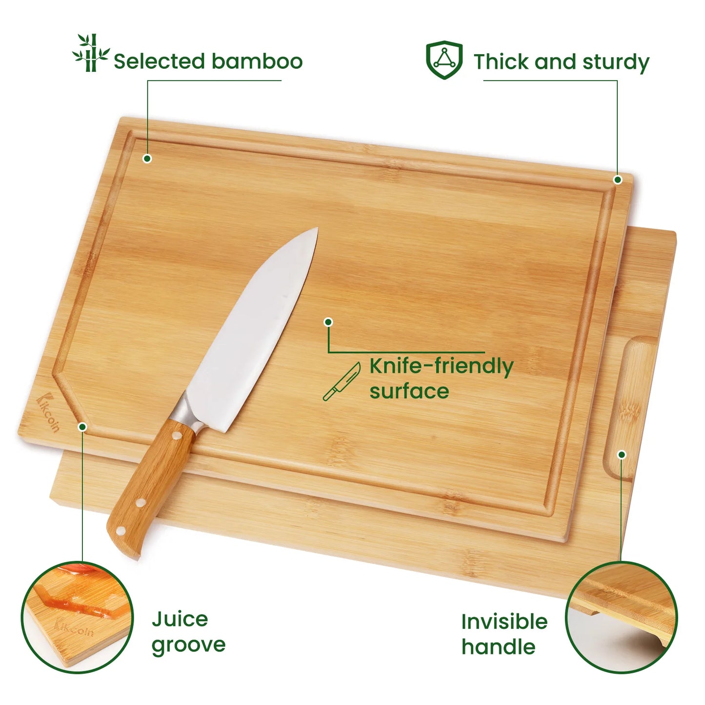 Heavy duty cutting board with juice groove, inner handle design.