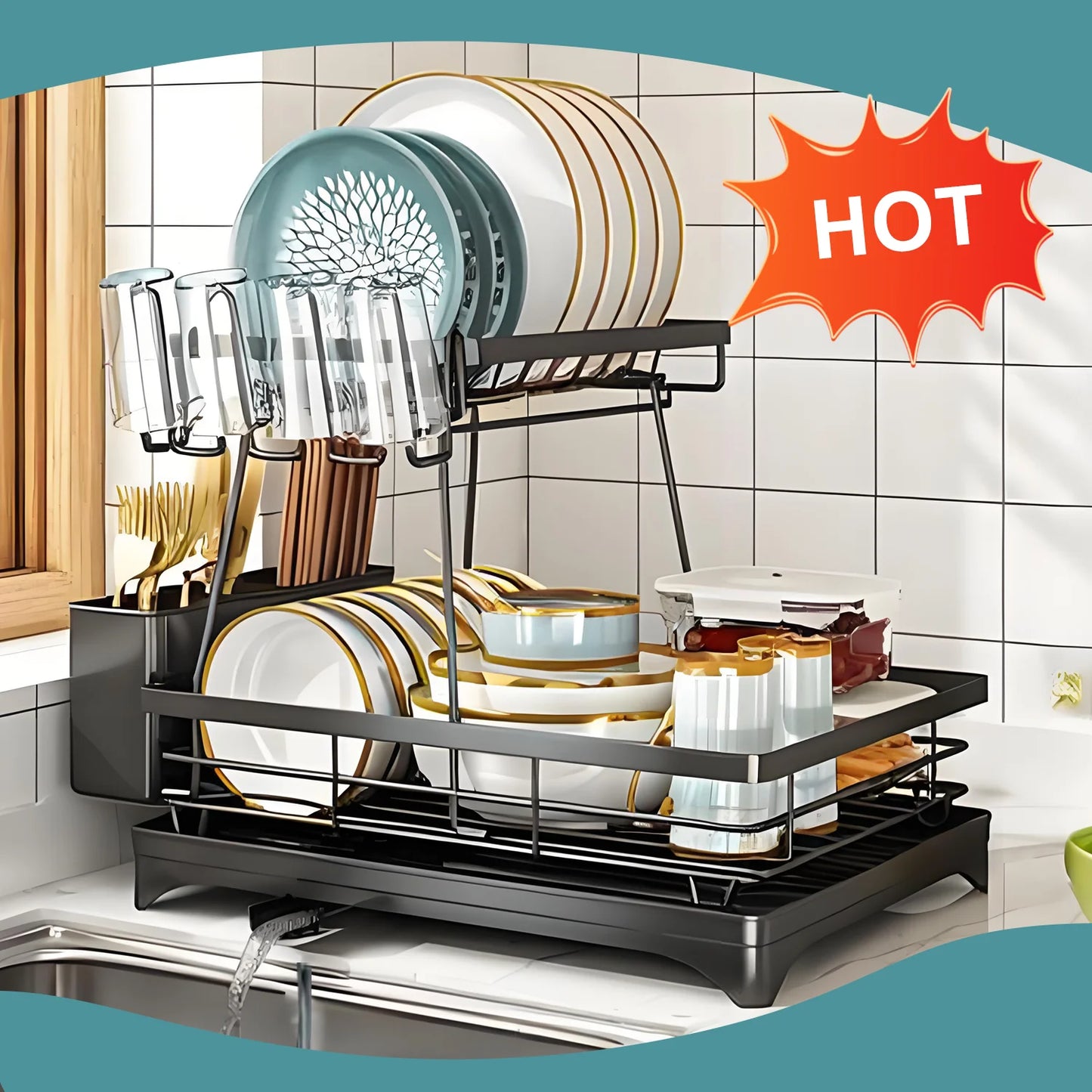 Home Kitchen 2-Tier Stainless Steel Foldable Dish Racks