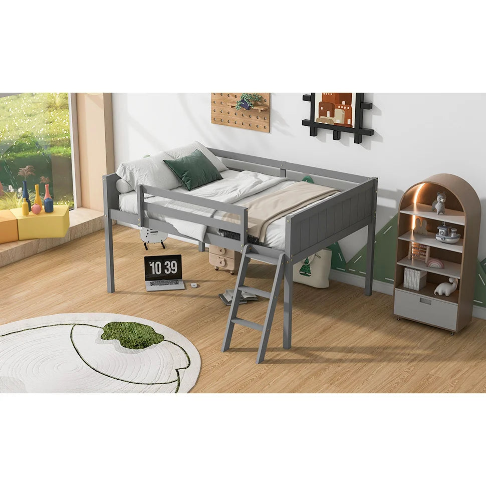Full-Size Wooden Low Loft Bed with Ladder