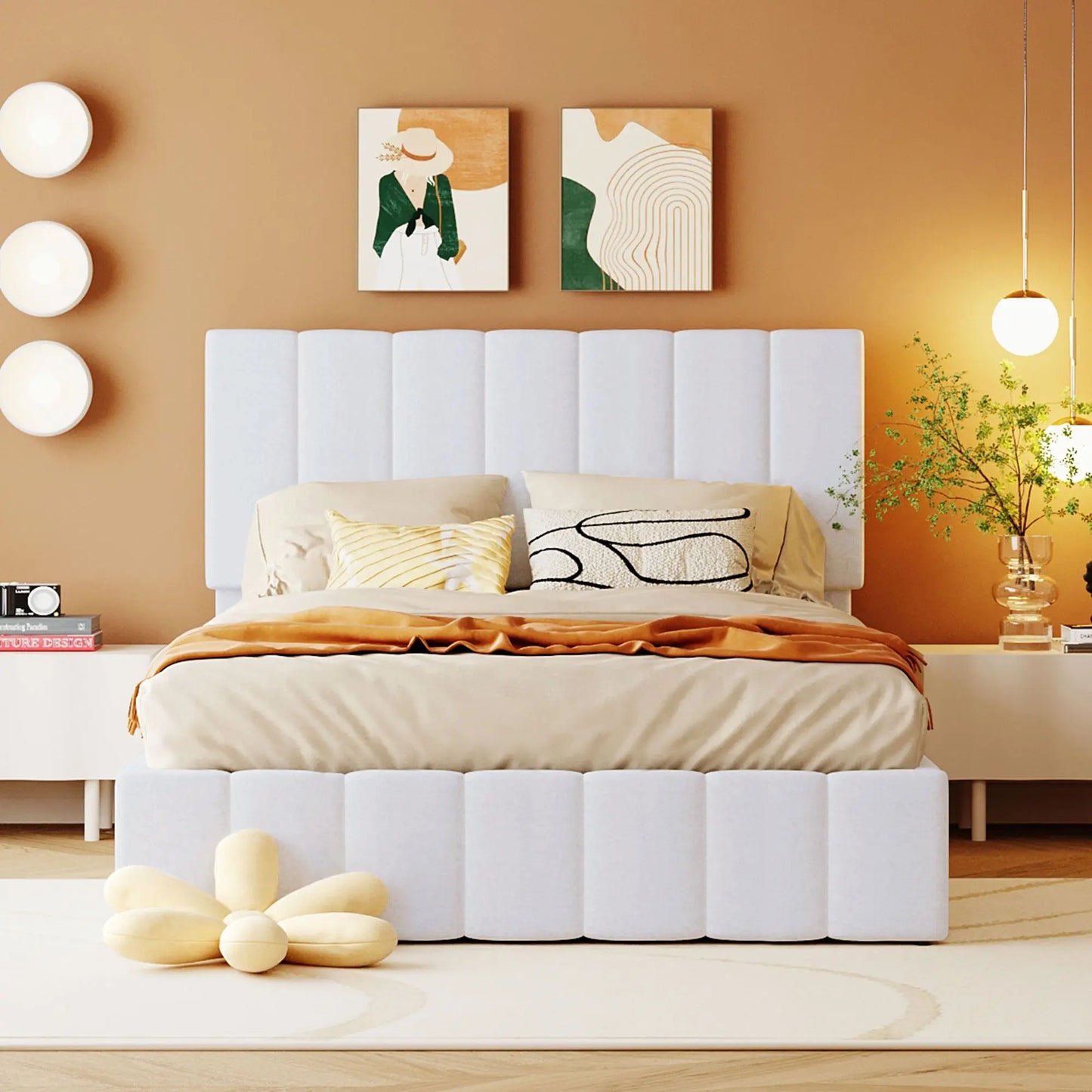 Full-Size White Upholstered Platform Bed