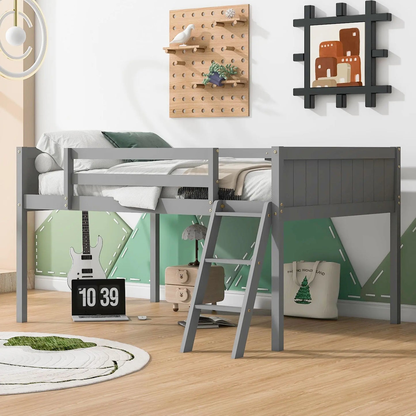 Full-Size Wooden Low Loft Bed with Ladder