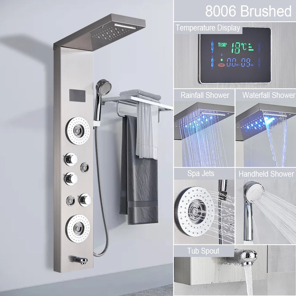 Digital Display LED Shower Panel Waterfall Rain Shower Faucet Set