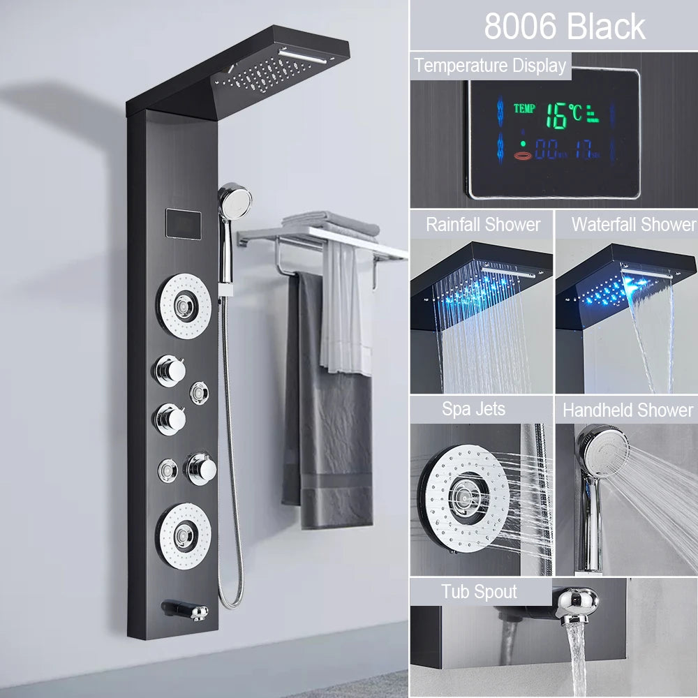 Digital Display LED Shower Panel Waterfall Rain Shower Faucet Set