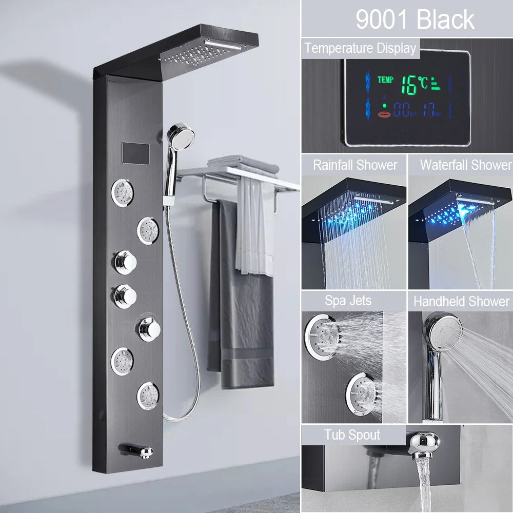 Digital Display LED Shower Panel Waterfall Rain Shower Faucet Set