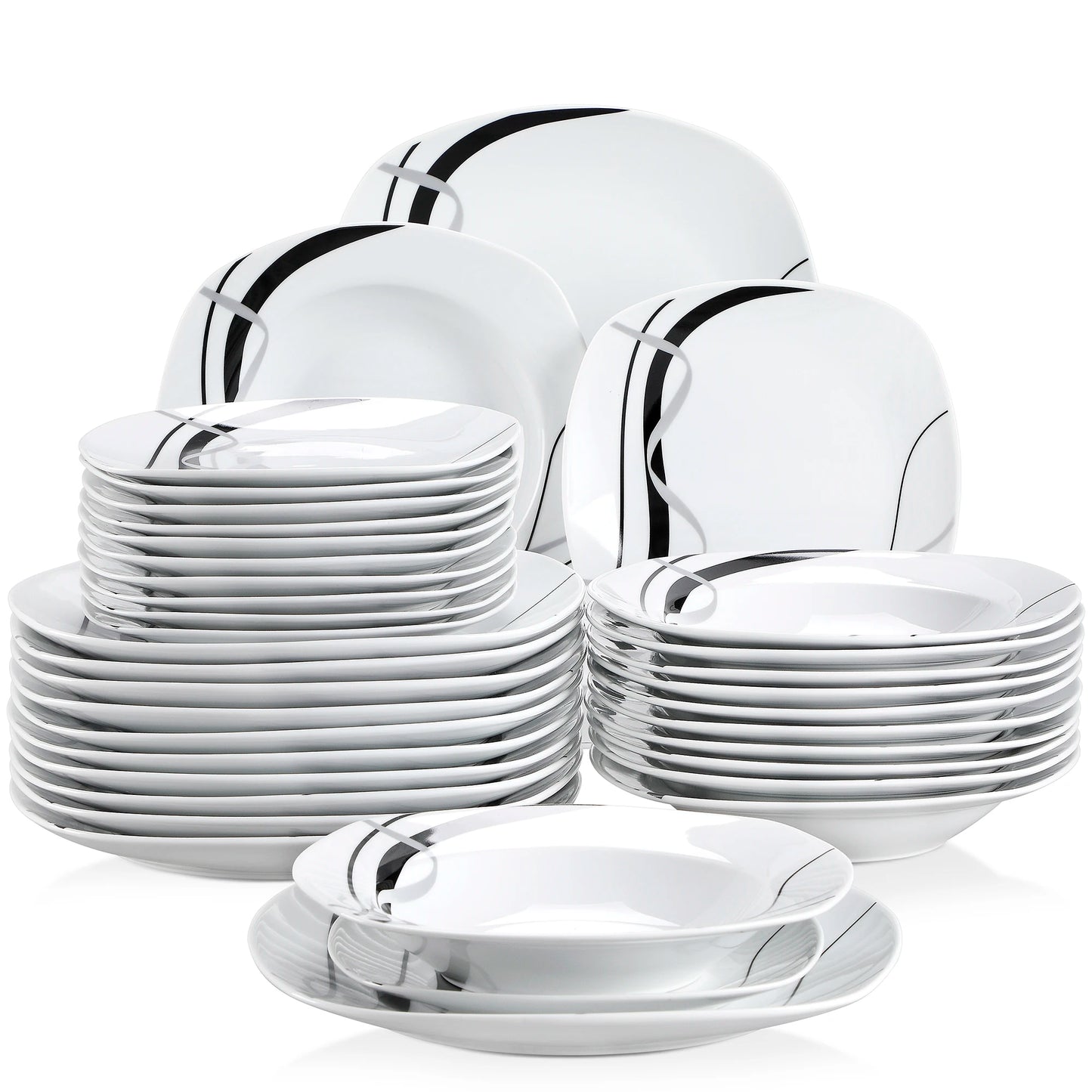 VEWEET FIONA 18/36-Piece Porcelain Ceramic Black Line Kitchen Tableware Dishes Plate Set with Dinner Plate,Dessert,Soup Plate
