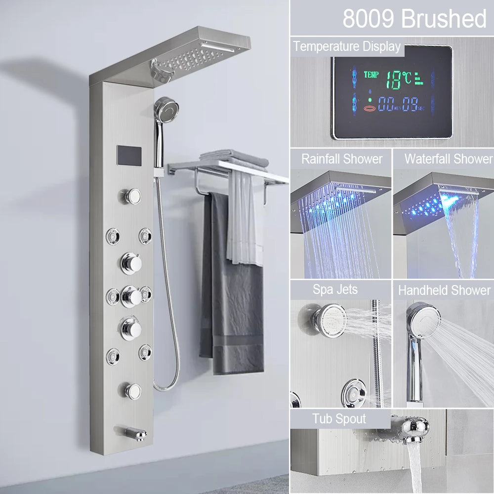Digital Display LED Shower Panel Waterfall Rain Shower Faucet Set