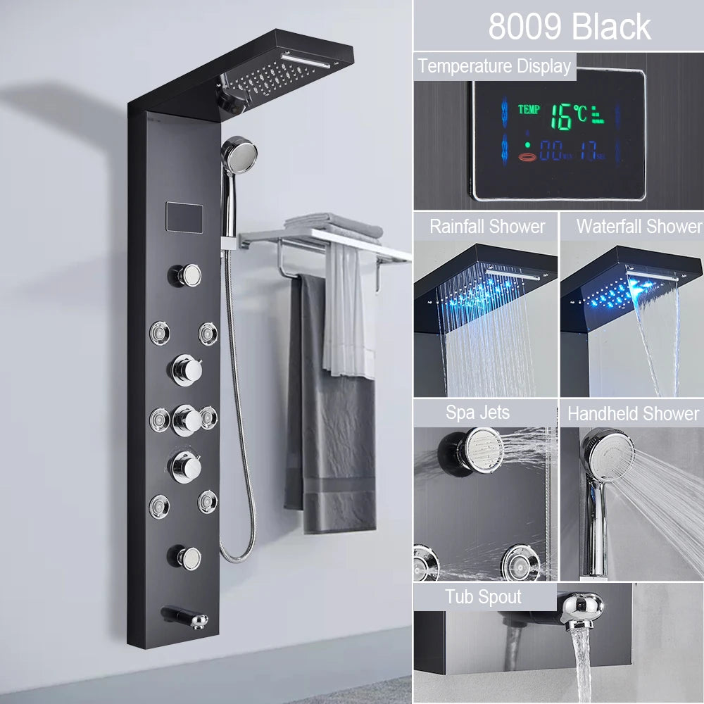 Digital Display LED Shower Panel Waterfall Rain Shower Faucet Set