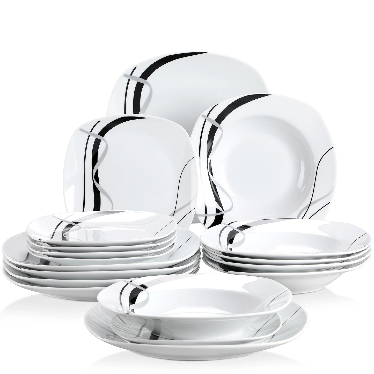 VEWEET FIONA 18/36-Piece Porcelain Ceramic Black Line Kitchen Tableware Dishes Plate Set with Dinner Plate,Dessert,Soup Plate