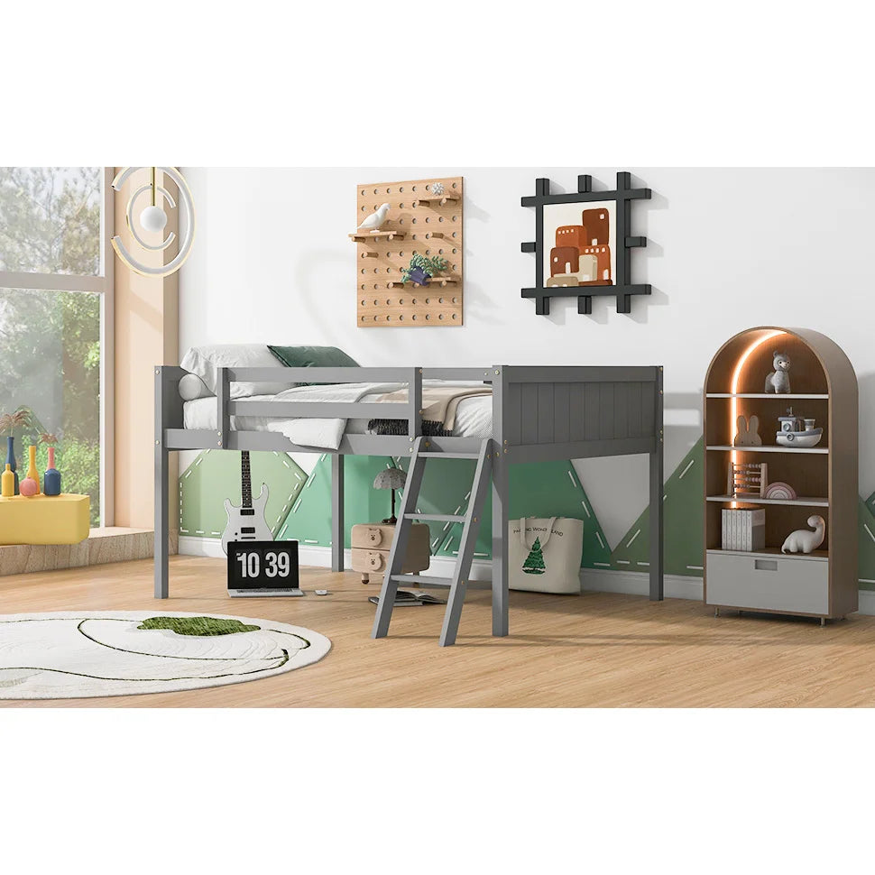Full-Size Wooden Low Loft Bed with Ladder