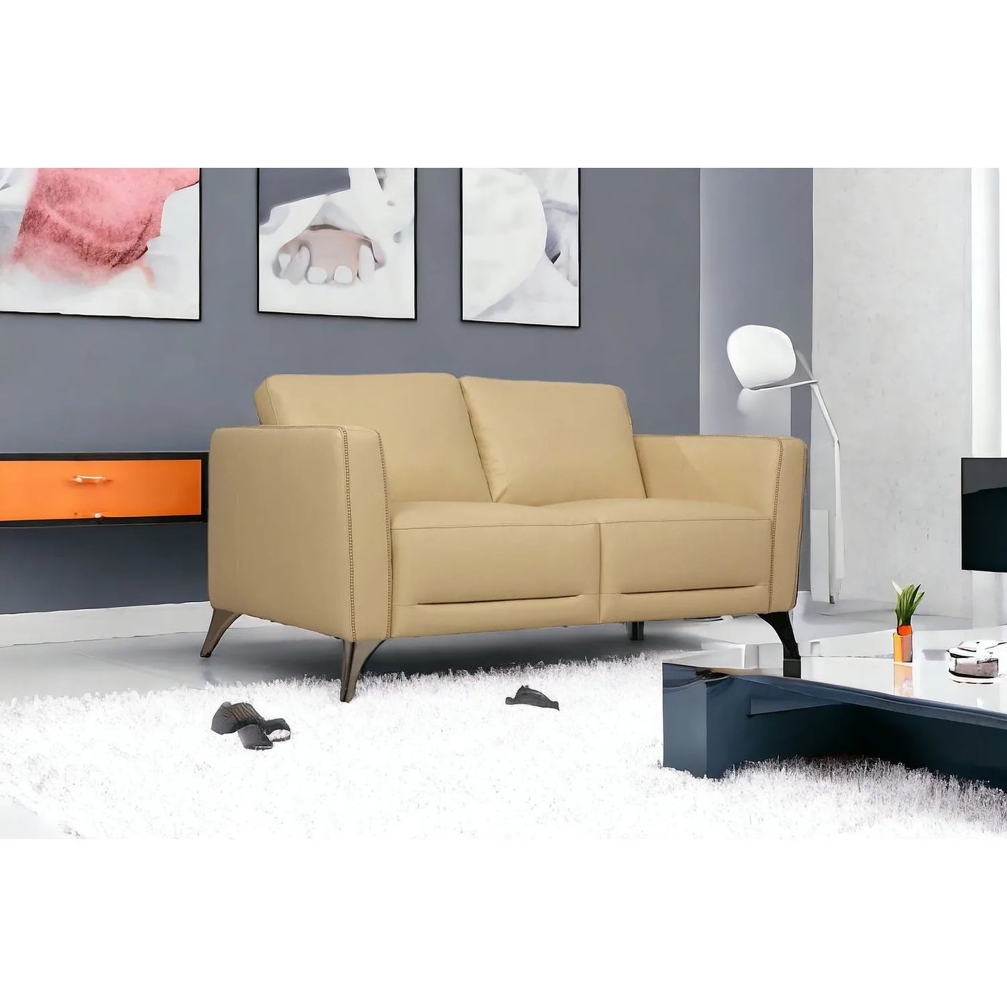 Genuine Leather Loveseat Contemporary Style Chesterfield Sofa