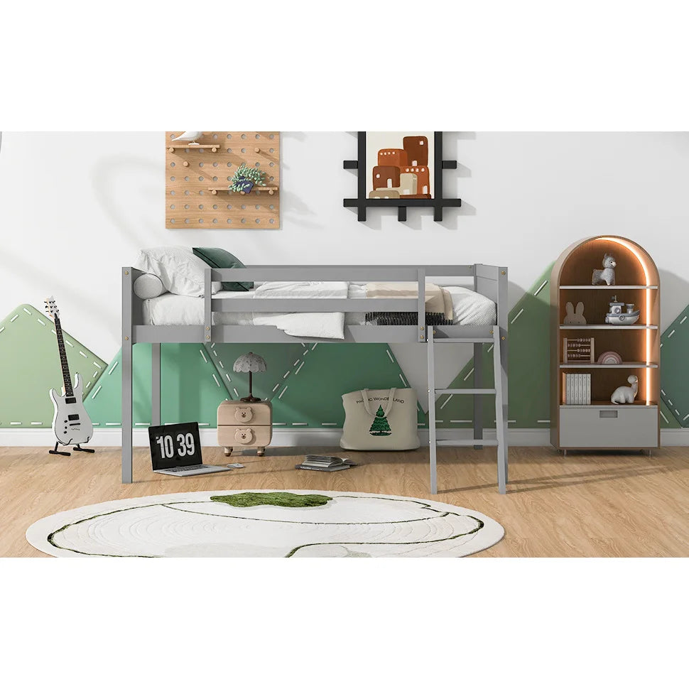 Full-Size Wooden Low Loft Bed with Ladder
