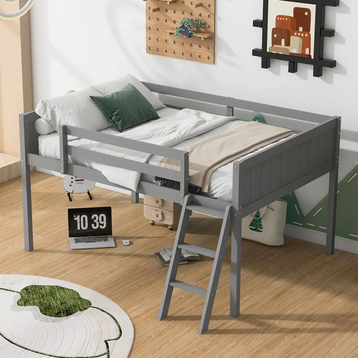Full-Size Wooden Low Loft Bed with Ladder