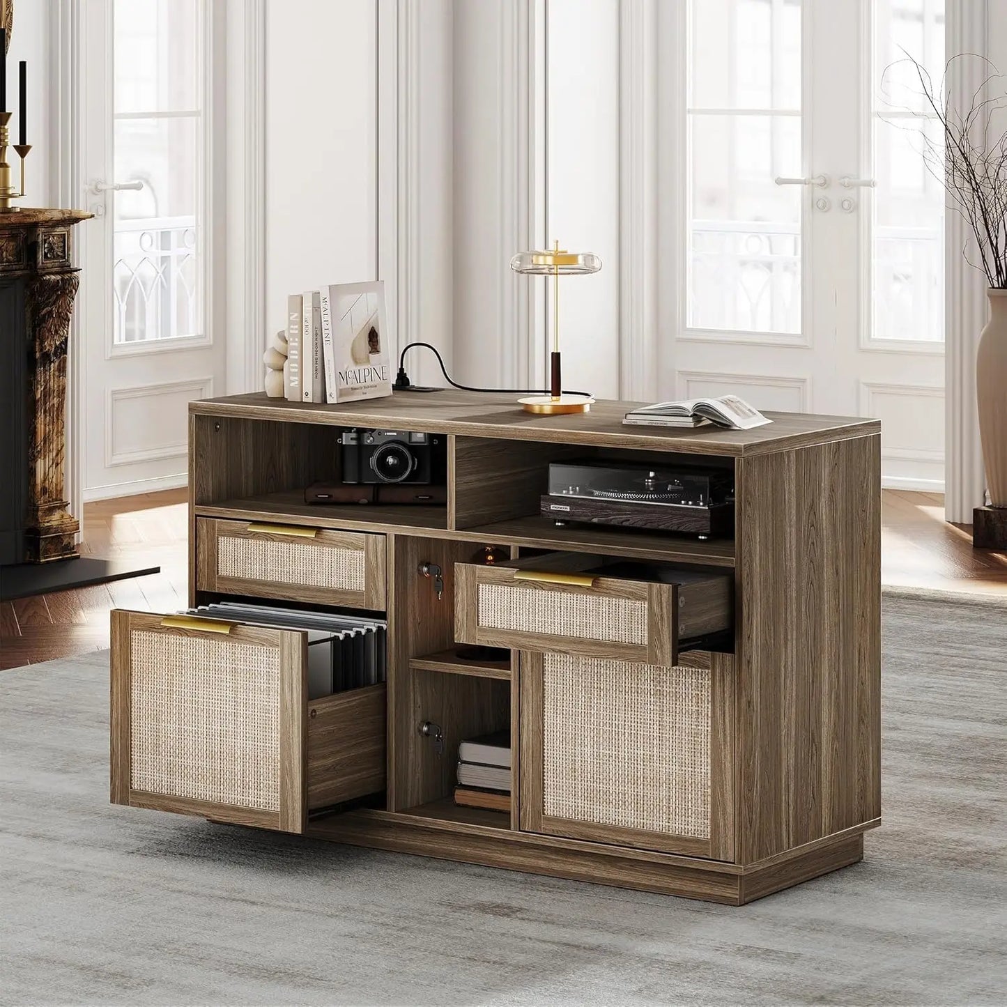 4 Drawer File Cabinet with Lock and Charging Station for Home Office
