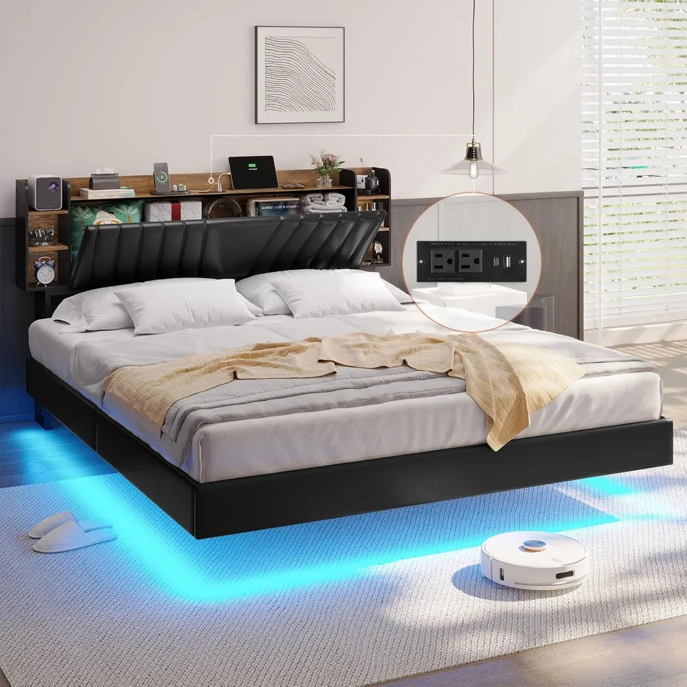 California King Floating Led Bed Frame with Hidden Storage