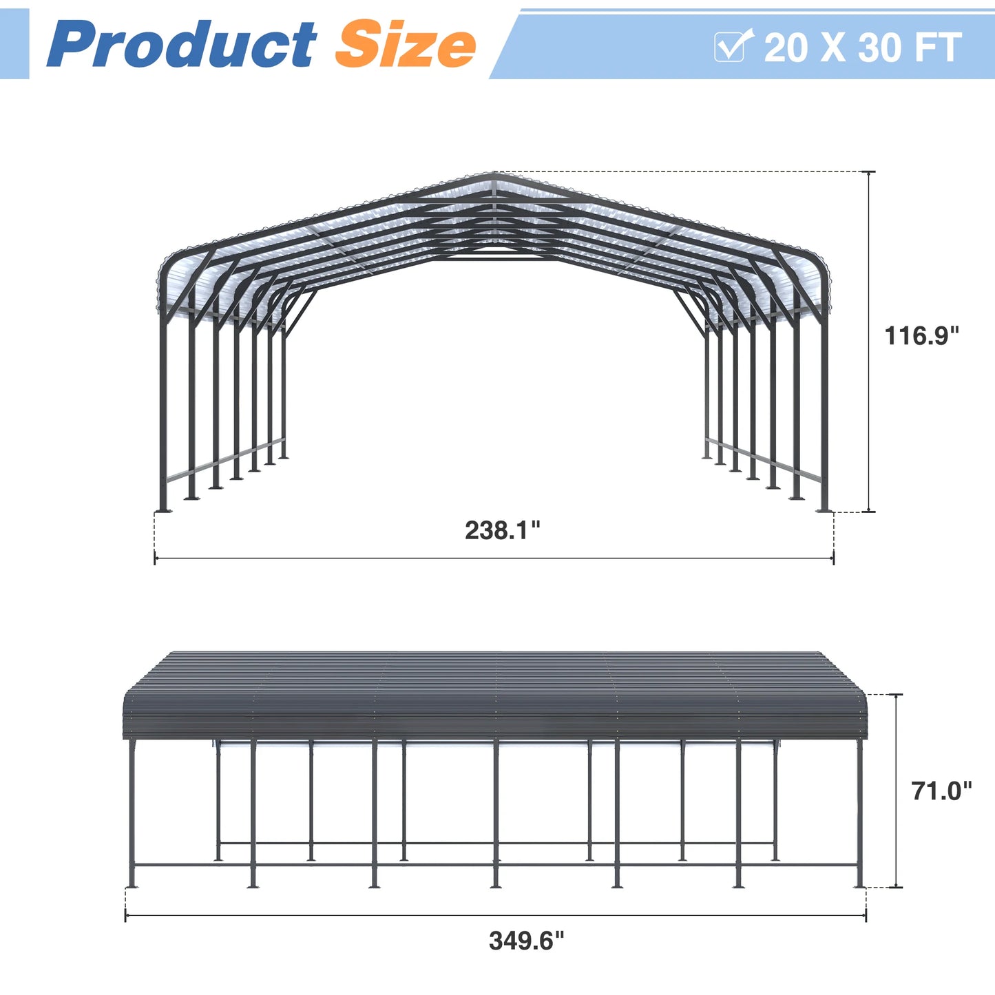 10x15~20x40FT Multi-Size Metal Carport with sturdy base