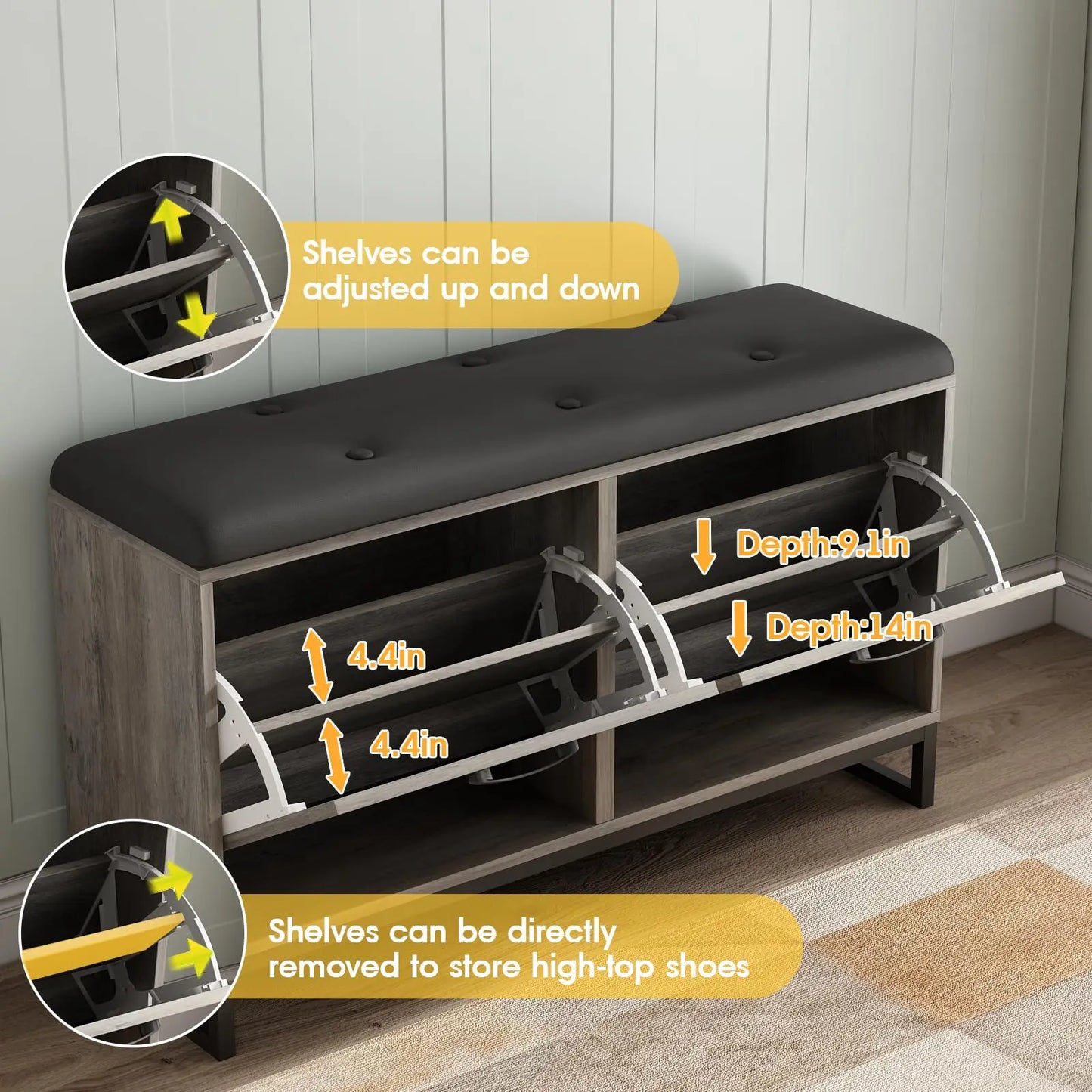 Wooden Shoe Cabinet with Padded Seat Cushion for Entryway