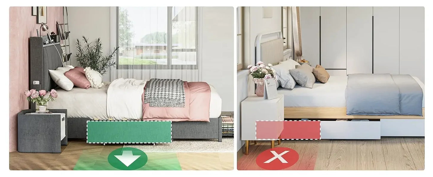 King Size Bed Frame with Storage Headboard and Charging Station