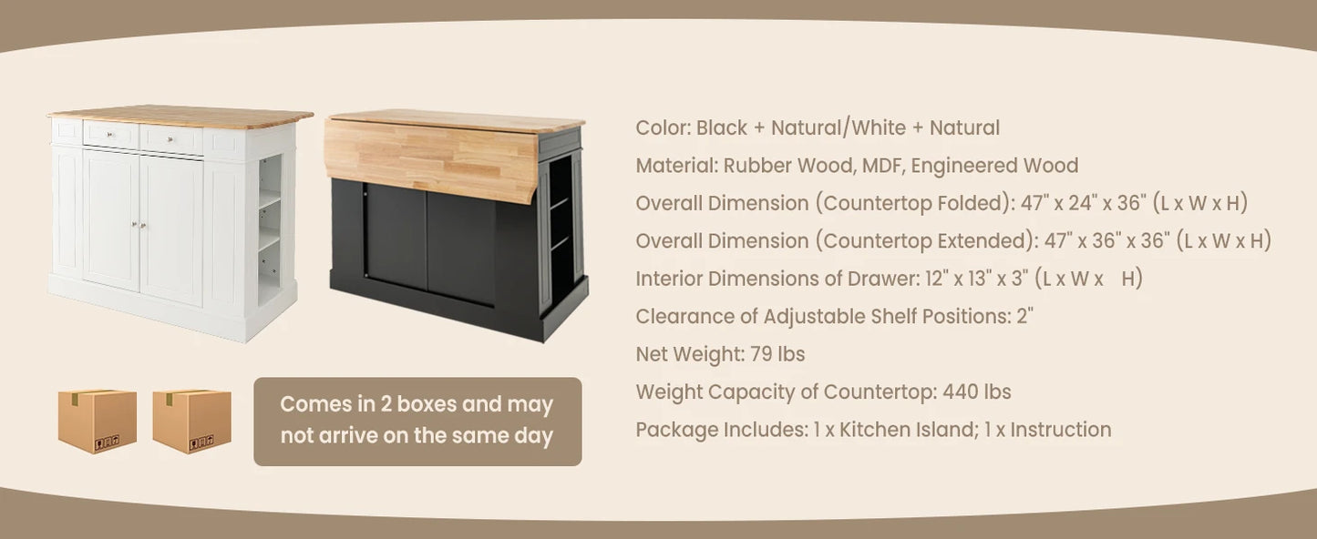 Kitchen island with 2 drawers, 5 adjustable shelves and spice rack