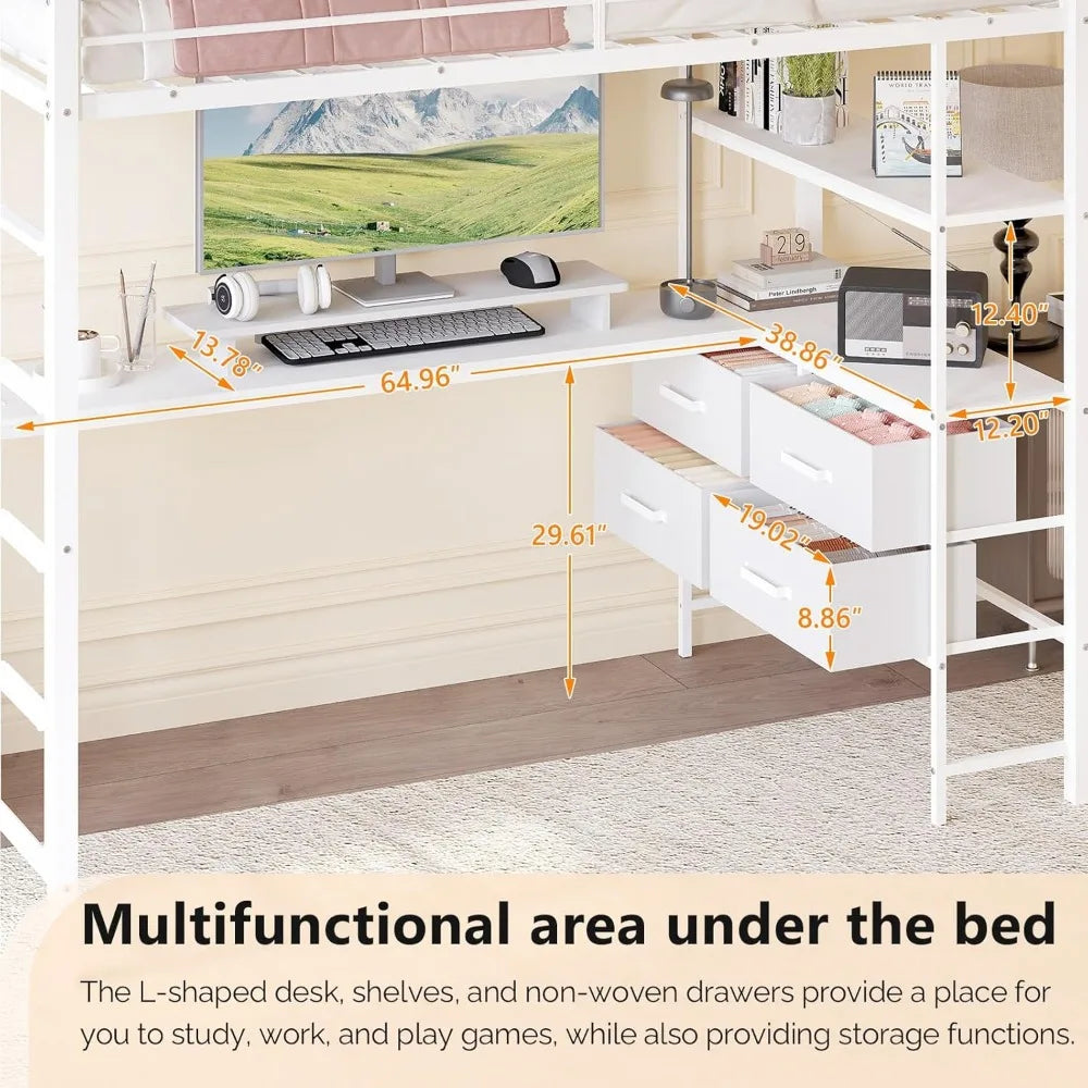 Twin Metal Loft Bed Frame With 15" Safety Guardrail