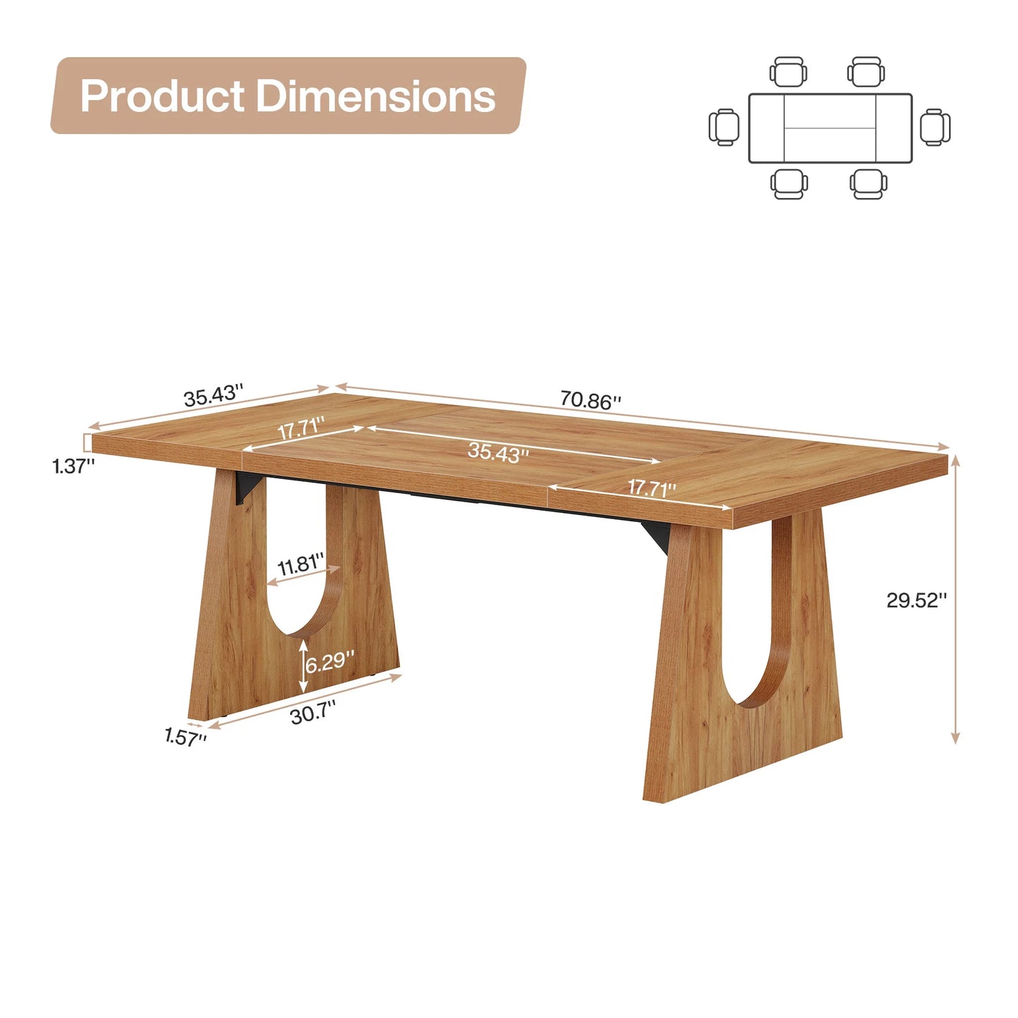 70.9-Inch Wood Rustic Rectangular Table with Black Wooden Legs