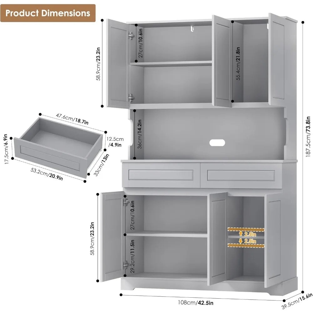 74" Tall Kitchen Pantry Cabinet with 6 Doors and 2 Drawers