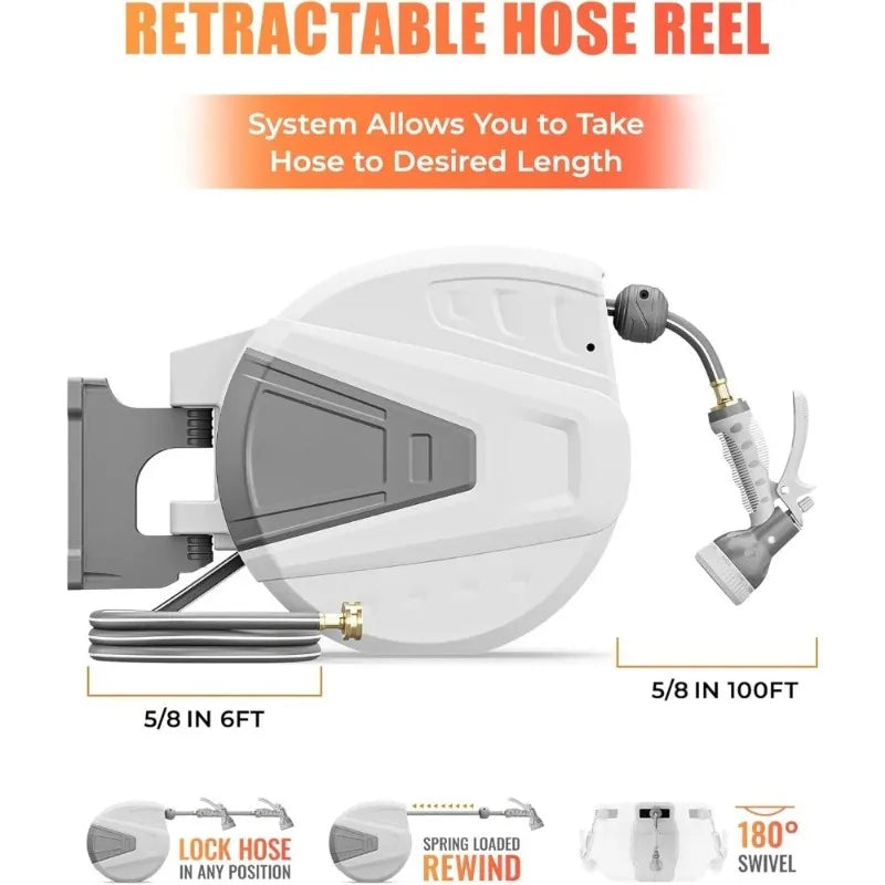 180°Swivel Retractable Garden Hose Reel,5/8 in x 100 FT