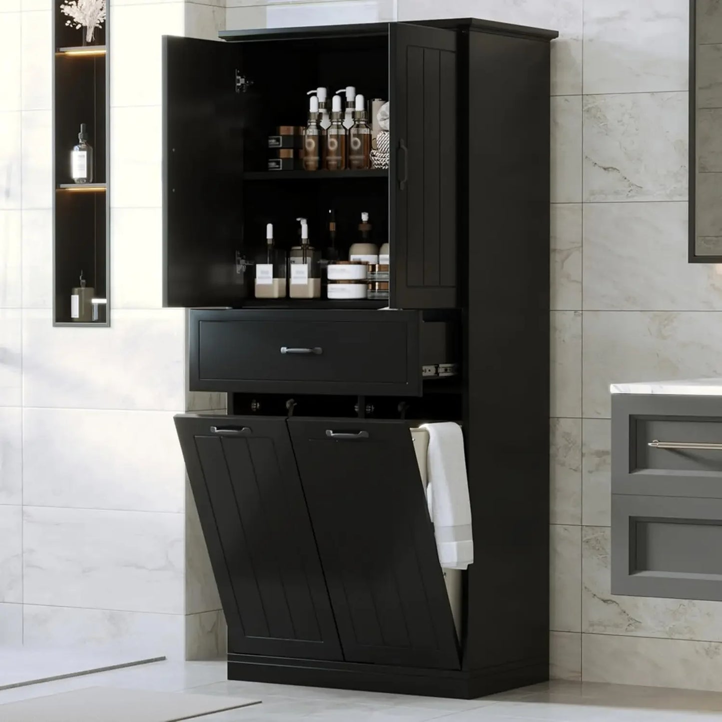 Bathroom Storage Cabinet with 2 Tilt Out Laundry Hamper