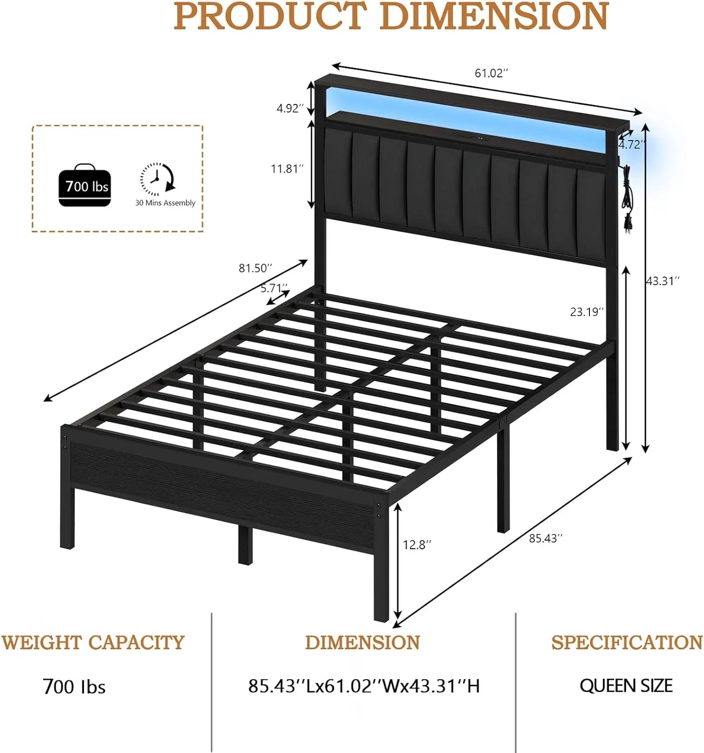 Queen Size Bed Frame with Charging Station with Metal Slats