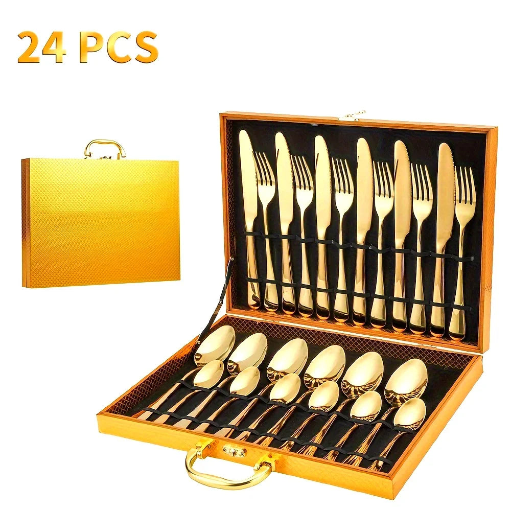 24pcs Elegant Stainless Steel Black Flatware Set.