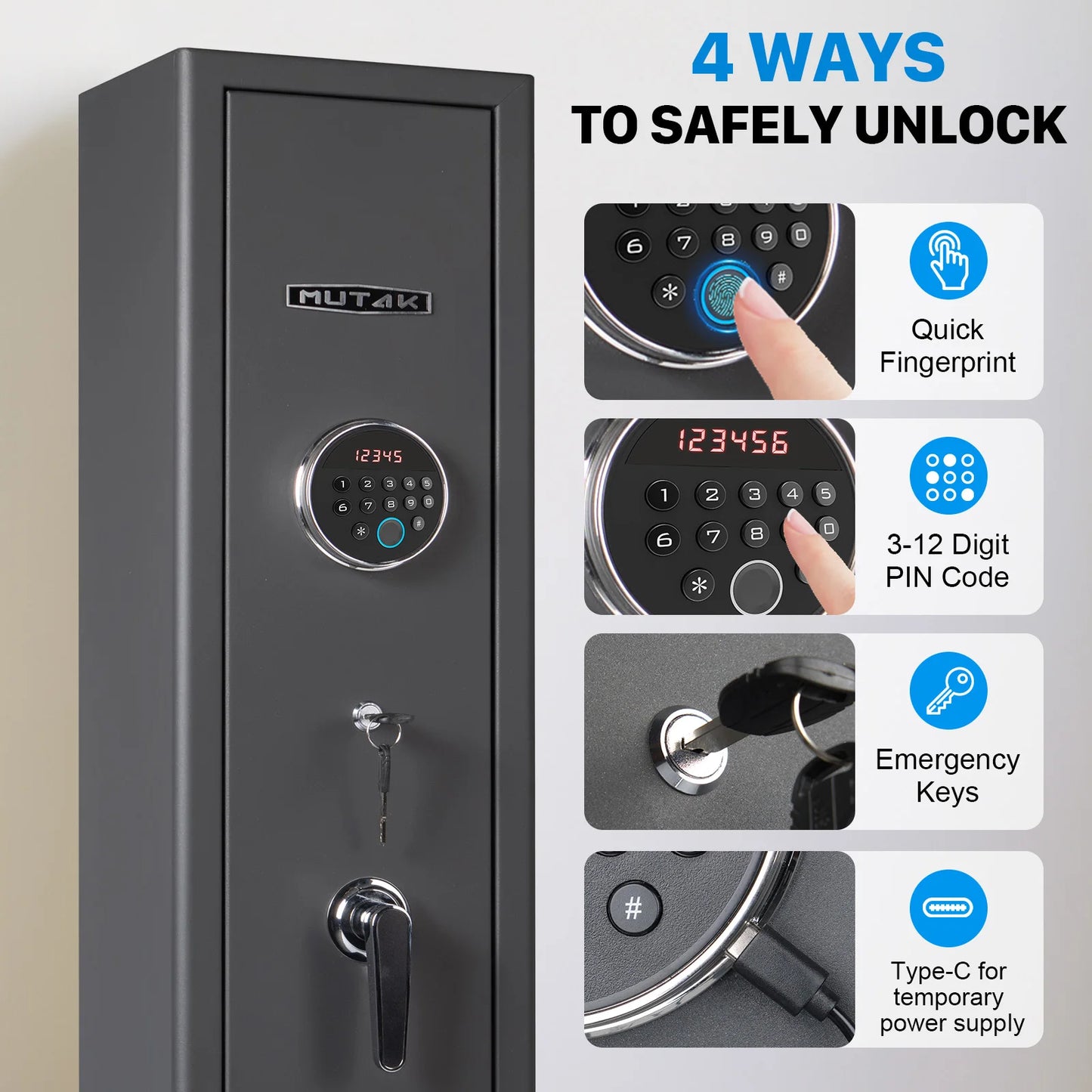 Mustak 3-8 Rifles Gun Safe for Home with Fingerprint/Keypad