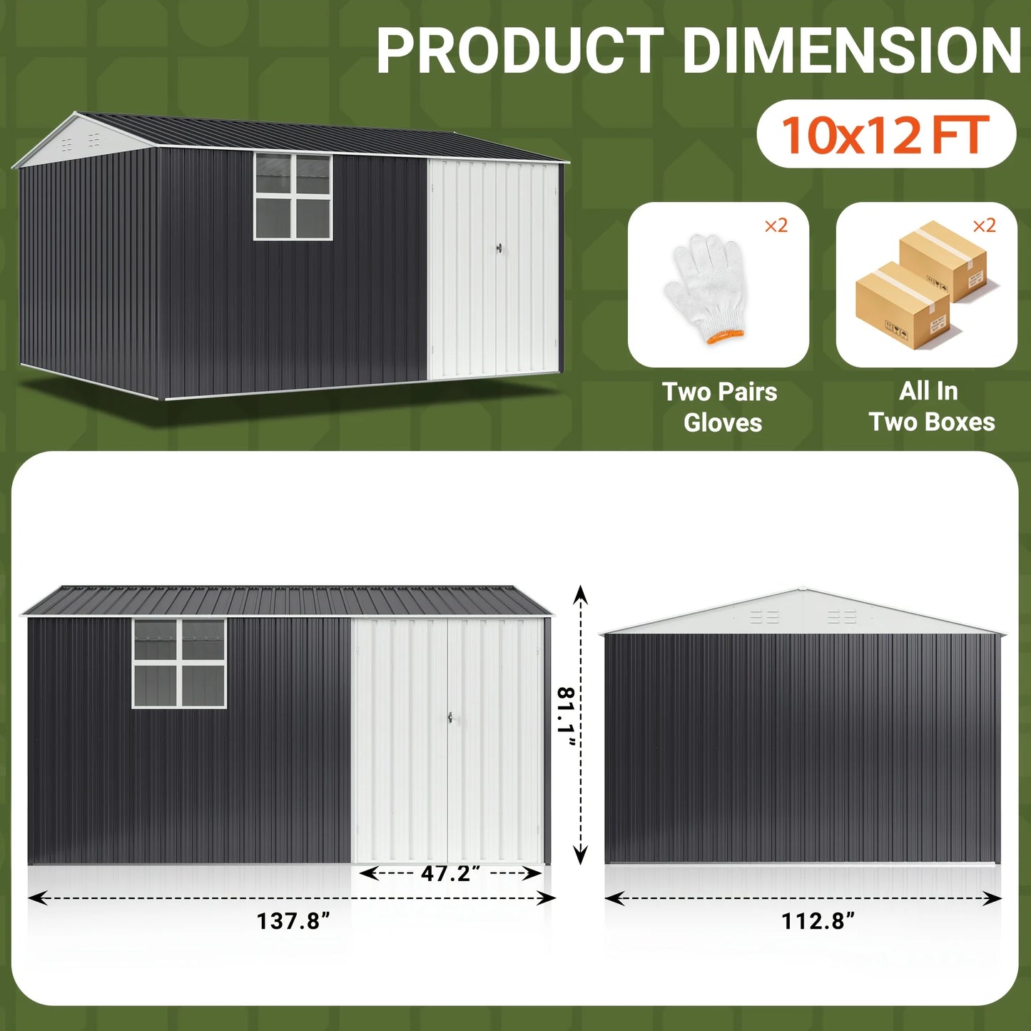 10x12 FT Outdoor Metal Storage Shed with Heavy-Duty Frame