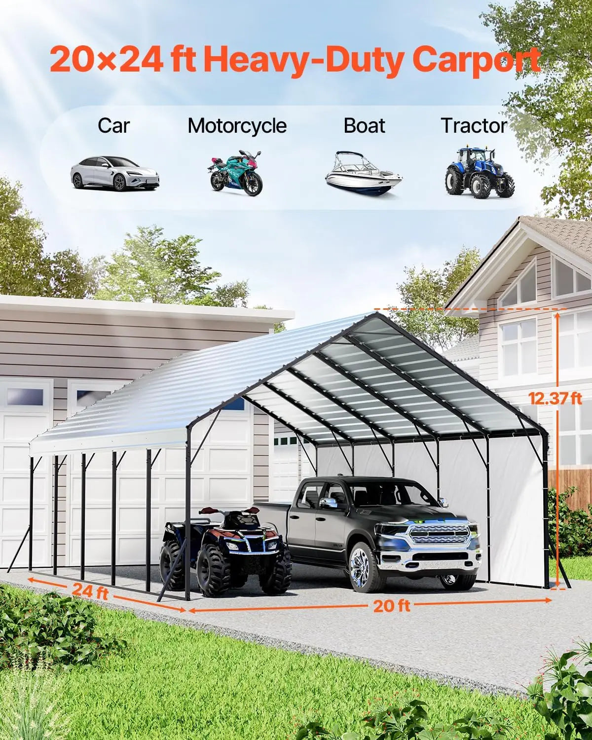 NEW 20x24 ft Heavy Duty Metal Carport with Removable Sidewalls
