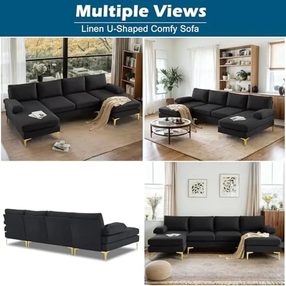 110" Black U-Shaped Sectional Sofa with Double Chaise Lounge Seat