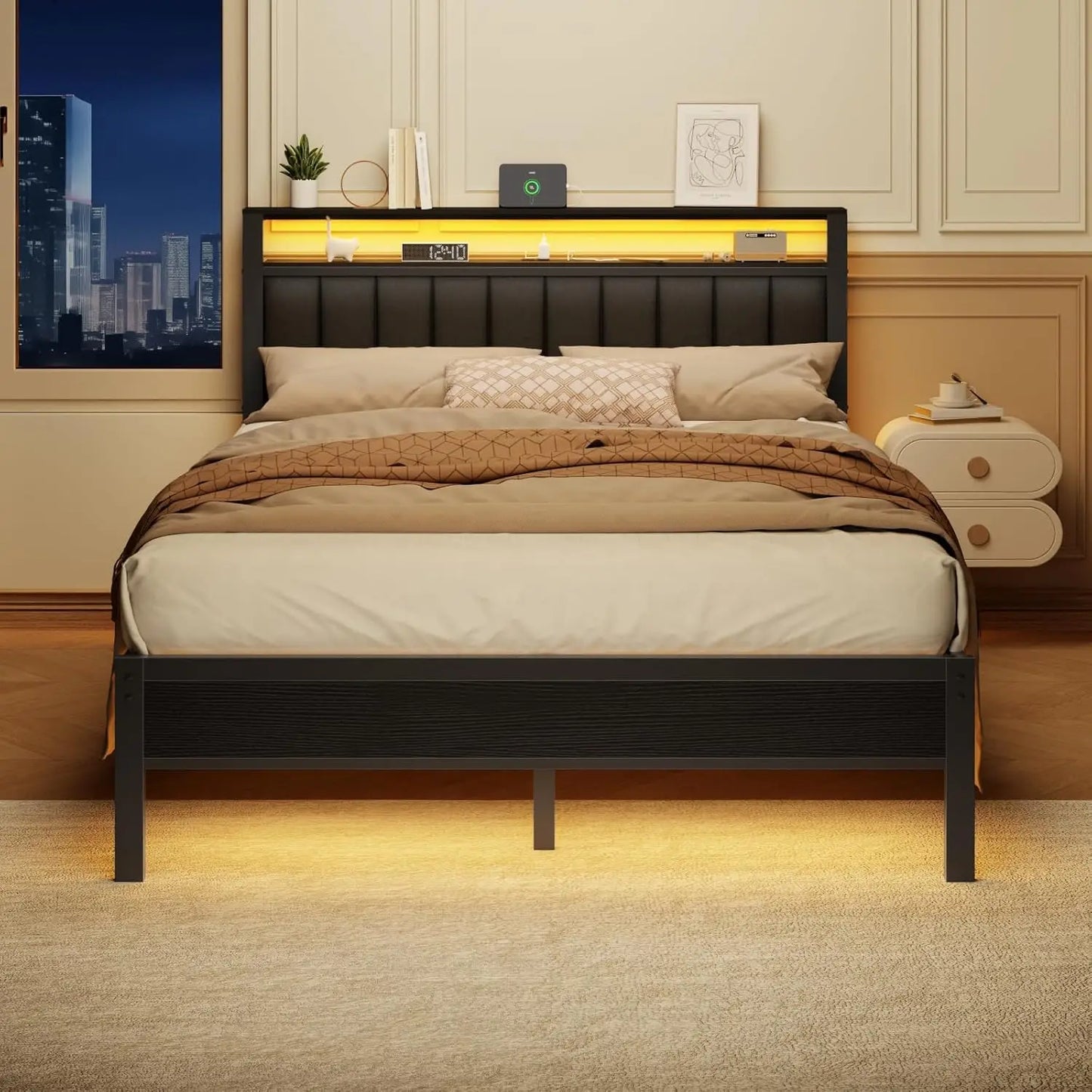 Queen Size Bed Frame with Charging Station with Metal Slats