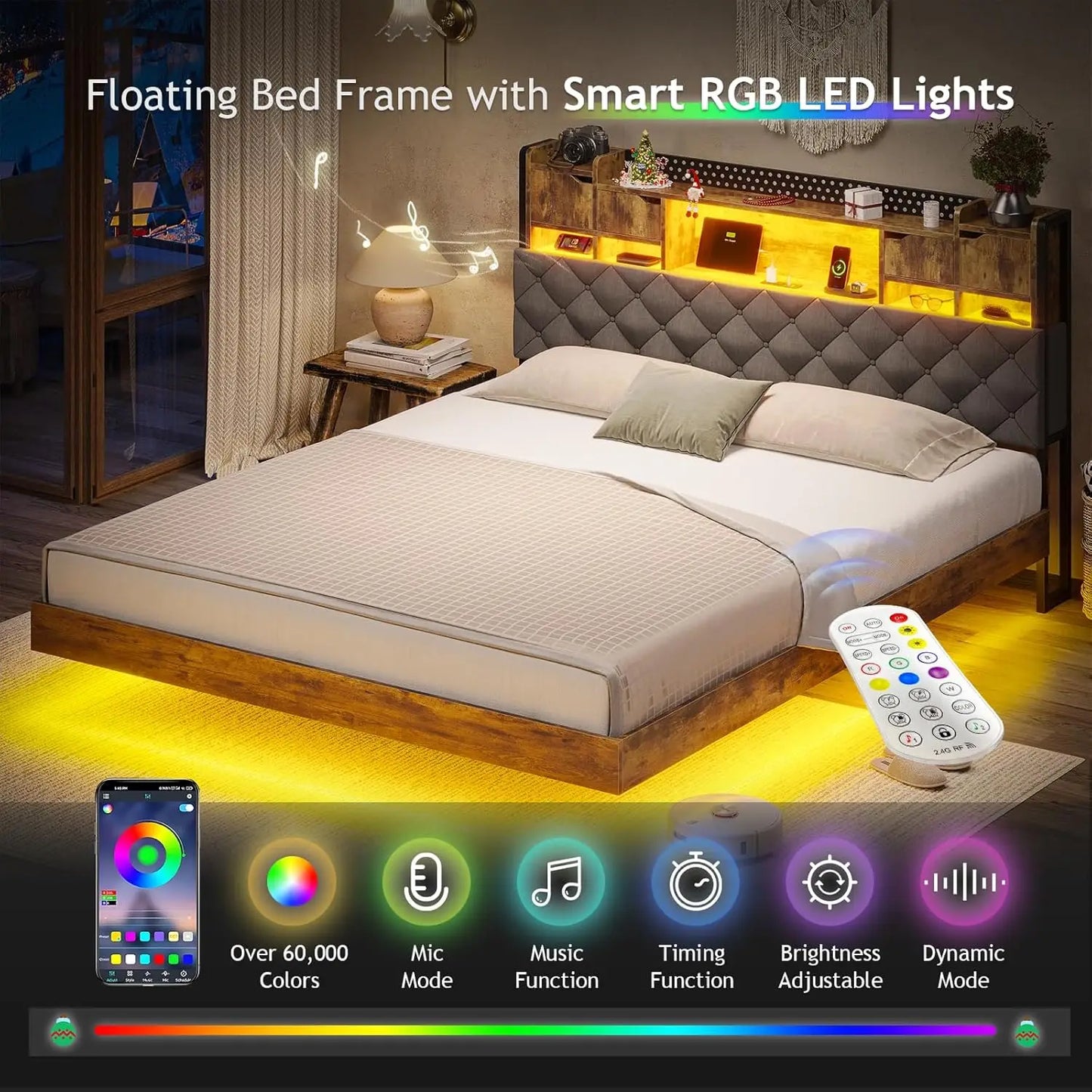 California King Floating Bed Frame with Storage Headboard