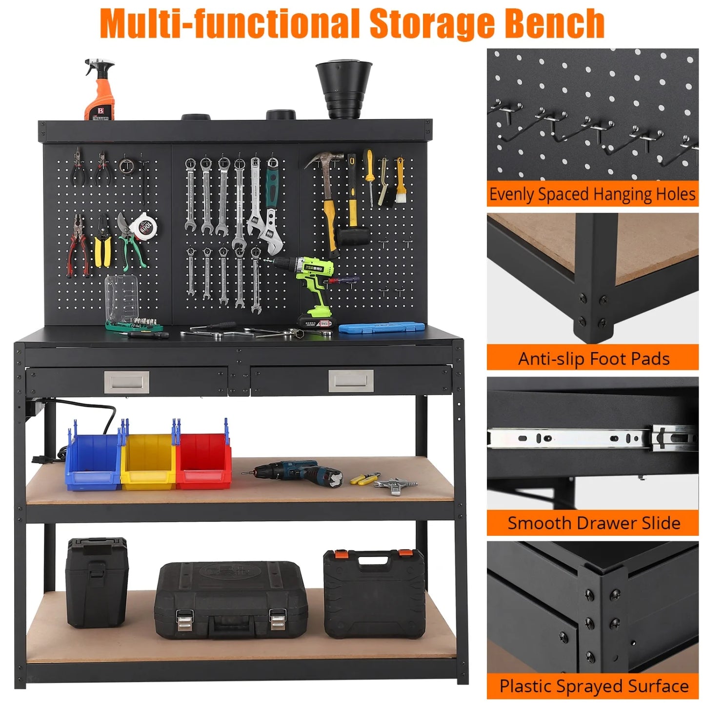 3-Tier Heavy Duty Worktable with 2 Drawers with Hanging Hooks