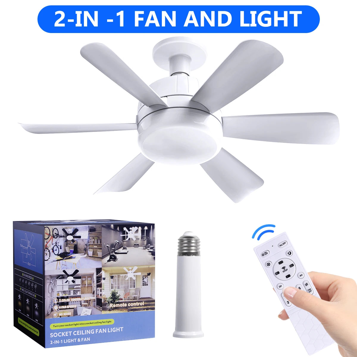 Socket Fan Light with Remote, 3 Colors 3000K-6500K Dimmable Socket Fan