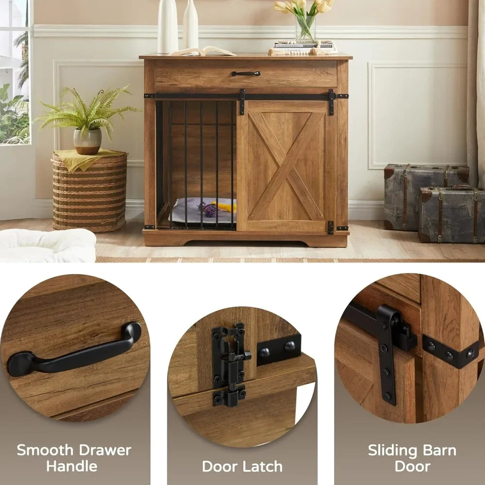 Farmhouse Wooden Dog Kennel Furniture with Sliding Barn Door