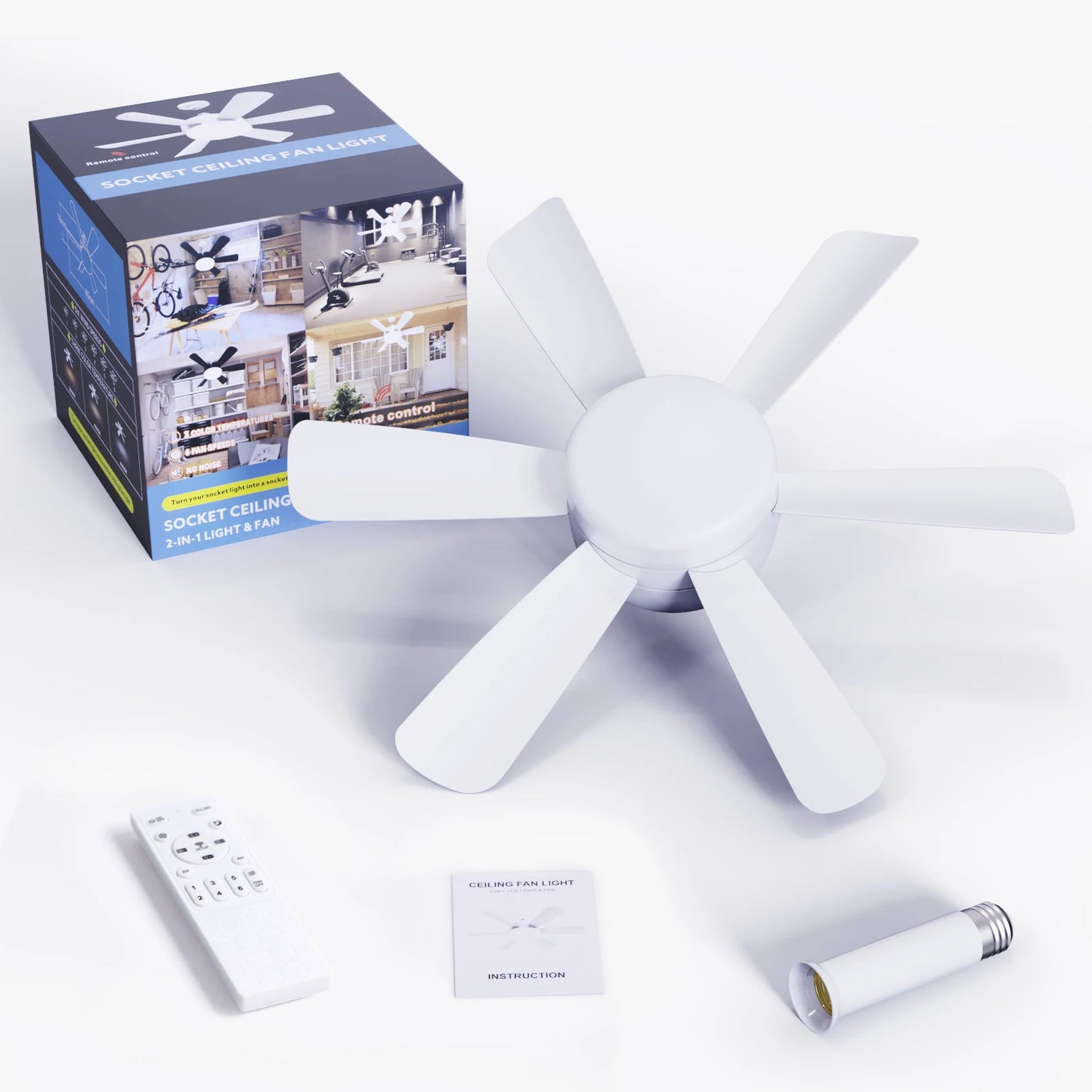 Socket Fan Light with Remote, 3 Colors 3000K-6500K Dimmable Socket Fan