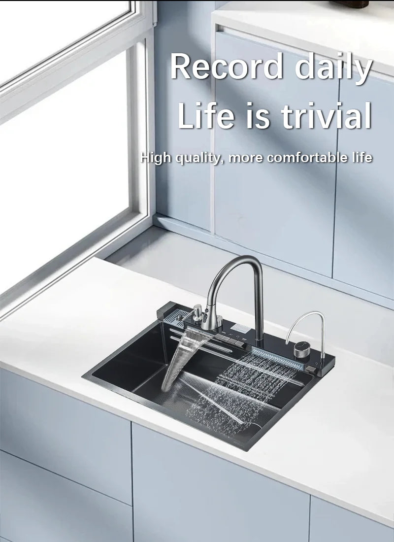 304 Stainless Steel Waterfall Kitchen Sink with Digital Display
