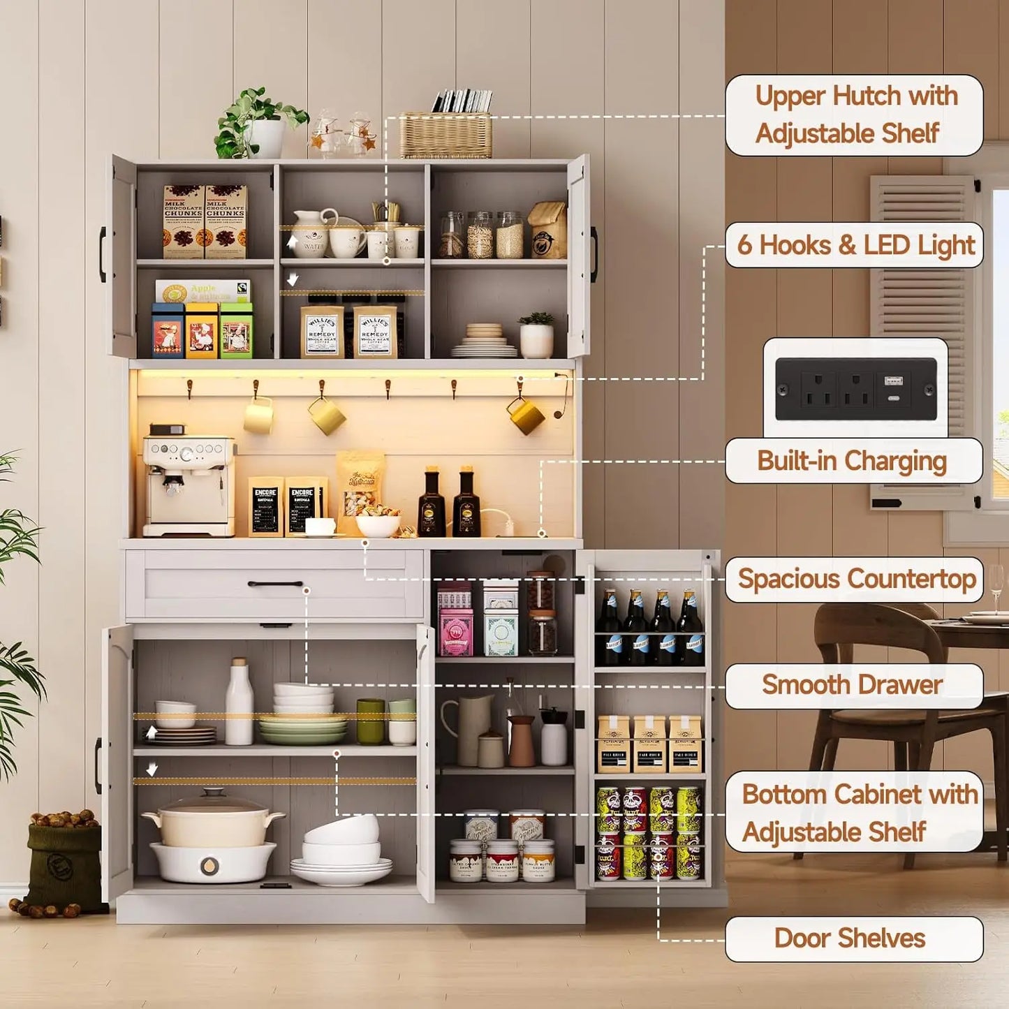 71" Kitchen Pantry Cabinet w/ LED Light & Outlet