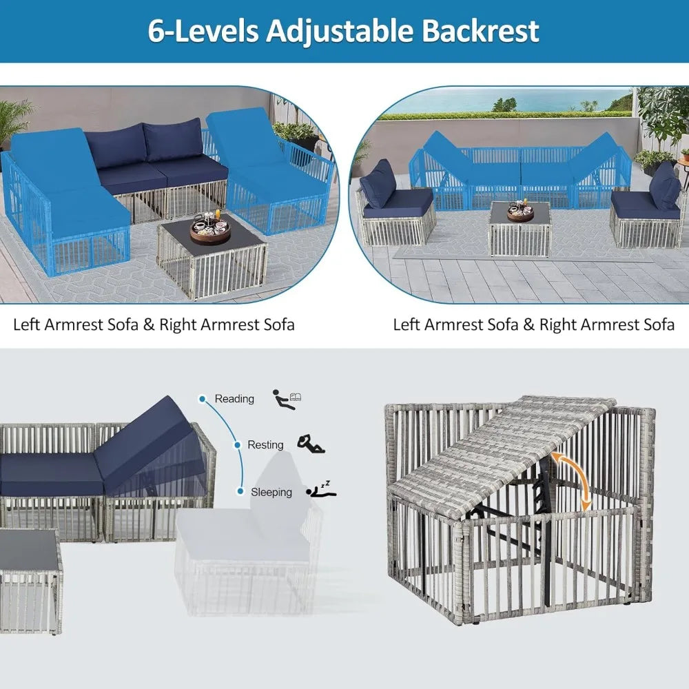 7 Pieces Outdoor Patio Furniture Set with Adjustable Backrest Sofa