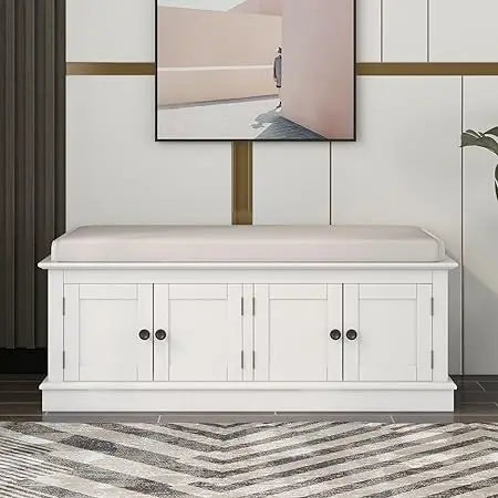 Rustic Storage Bench with 4 Doors and Adjustable Shelves