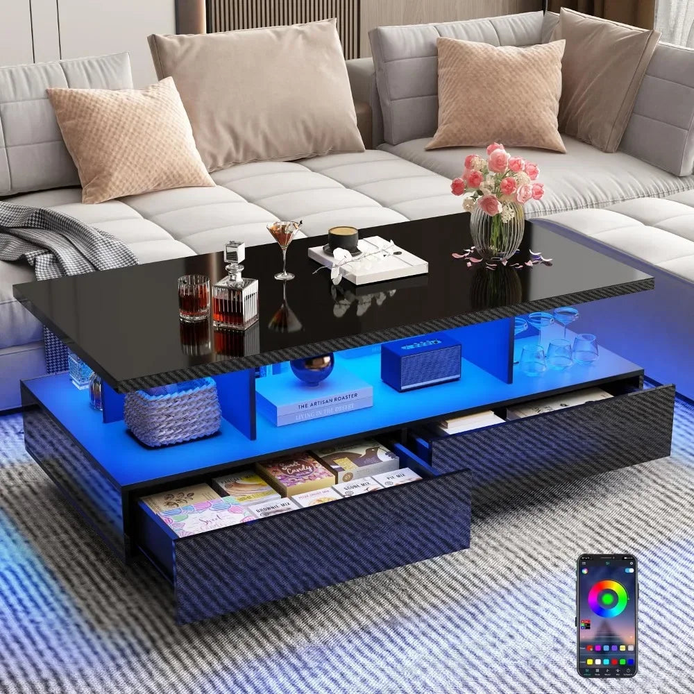 High Glossy Modern Black Coffee Table w/60,000-Color Lights,