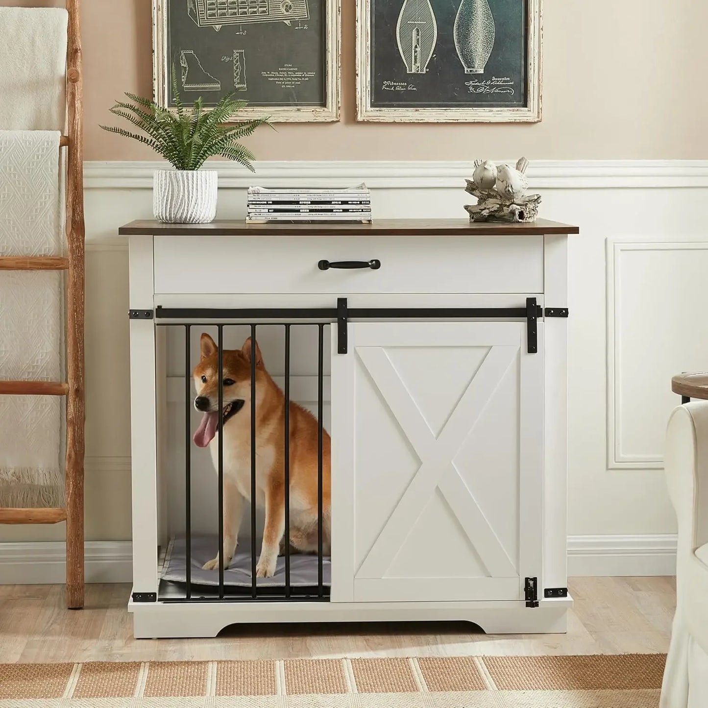 Farmhouse Wooden Dog Kennel Furniture with Sliding Barn Door