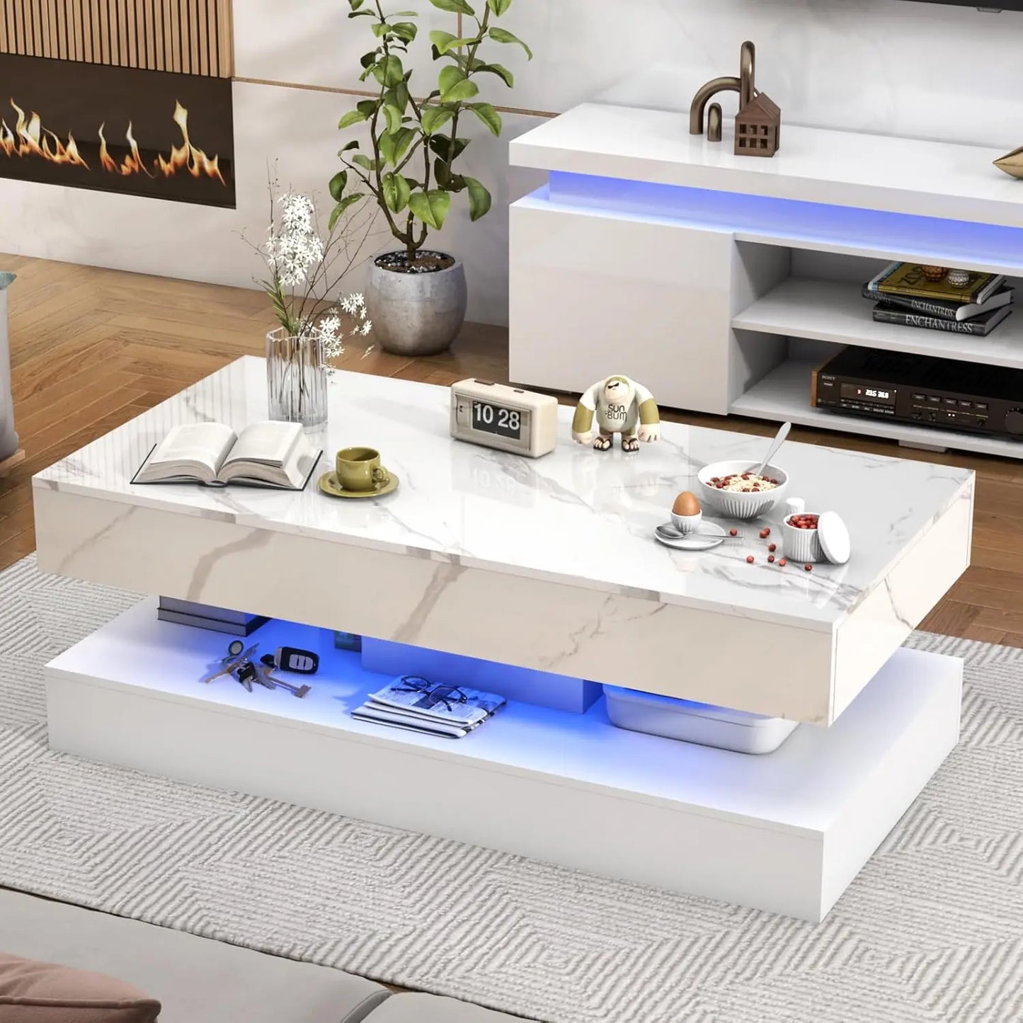 Double-Layer Design for Living Room Coffee Table with 2 Storage Drawers
